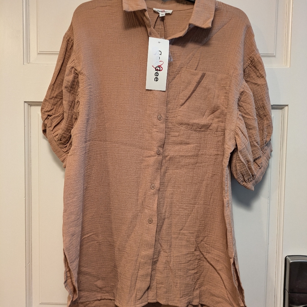 NWT women's oversized medium button down brown hi low tunic top